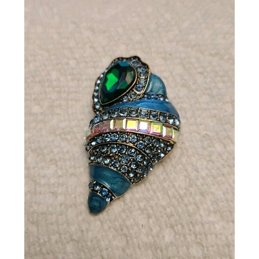 Blue Seashell Brooch Pin Rhinestone - Picture 2 of 4
